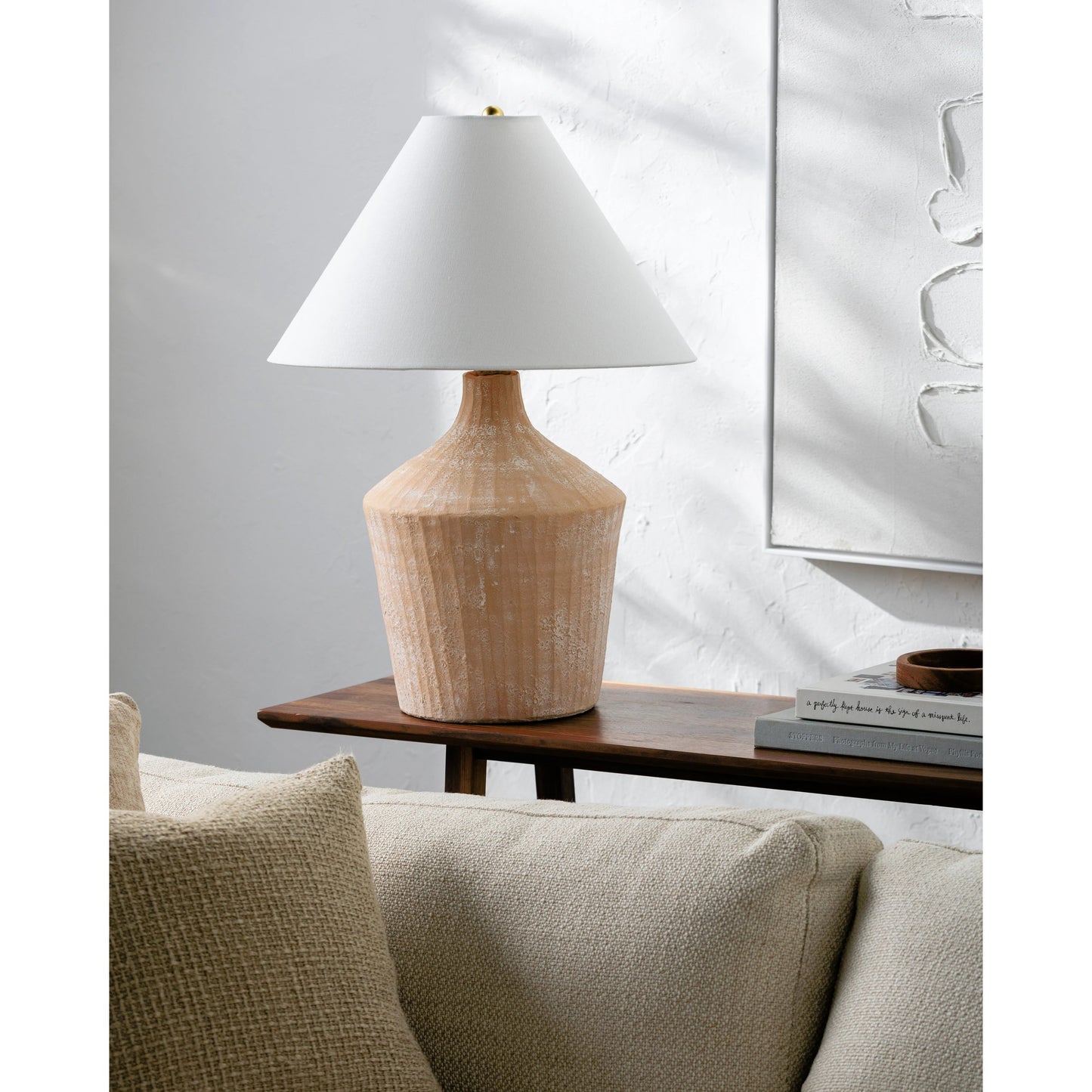 002 SI-2165543 | Lifestyle | Fiori Accent Table Lamp - 535717 by Livabliss in body: brick, shade: white, finial: metallic - brass, harp: metallic - brass, cord: translucent and glazedplated. Made from ceramic, linen, polystyrene, iron in a modern style.