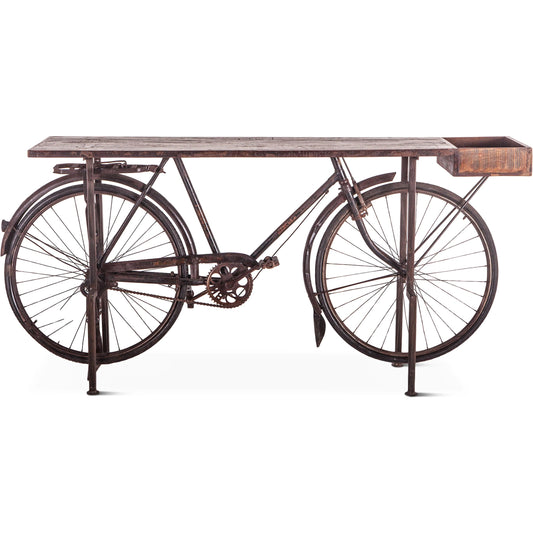 Paxton Reclaimed Teak Bicycle Console by World Interiors in natural brown. Made from teak wood, iron, reclaimed bicycle in a cottage & farmhouse style.