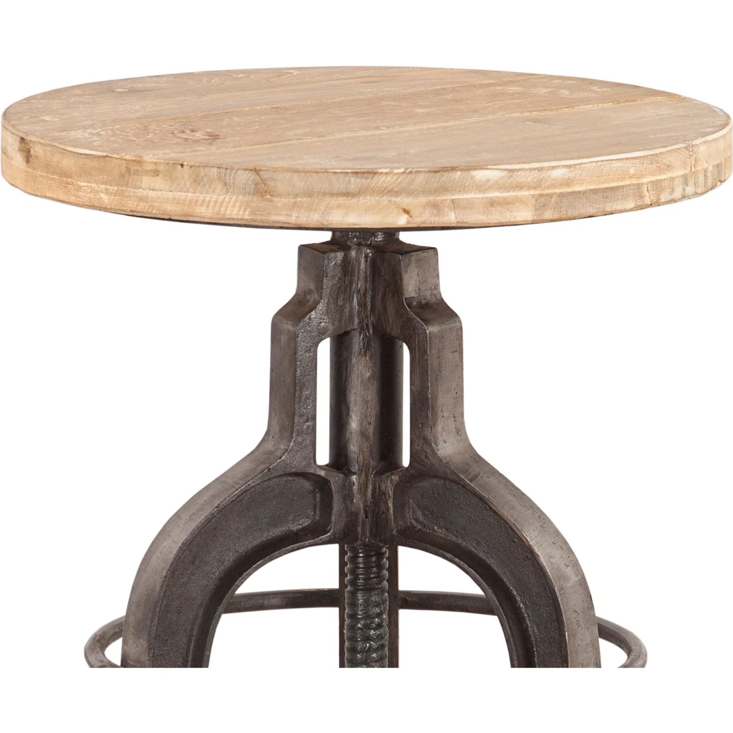 004 SI-2243018 | Closeup | Paxton 16" Reclaimed Wood Adjustable Stool by World Interiors in gray and oiled teak. Made from reclaimed hardwood reclaimed iron teakwood in a cottage & farmhouse style.