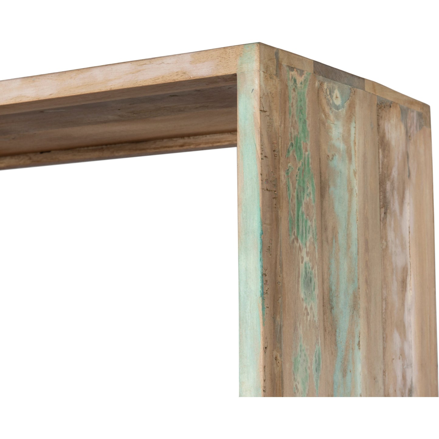 007 SI-2065545 | Closeup | Cordoba Reclaimed Bookcase by World Interiors in coastal mist. Made from reclaimed teak wood and iron in a modern style.