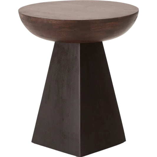 Palm Desert 18" Round Accent Table by World Interiors in royal brown, black. Made from mango wood in a transitional style.