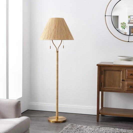 Baca Floor Lamp by HedgeApple Essentials in natural, gold. Made from paper metal, rattan in a rustic style.