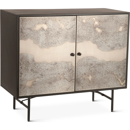 St. George 18" Bar Cabinet by World Interiors in black and oxidized black. Made from reclaimed iron in a modern style.