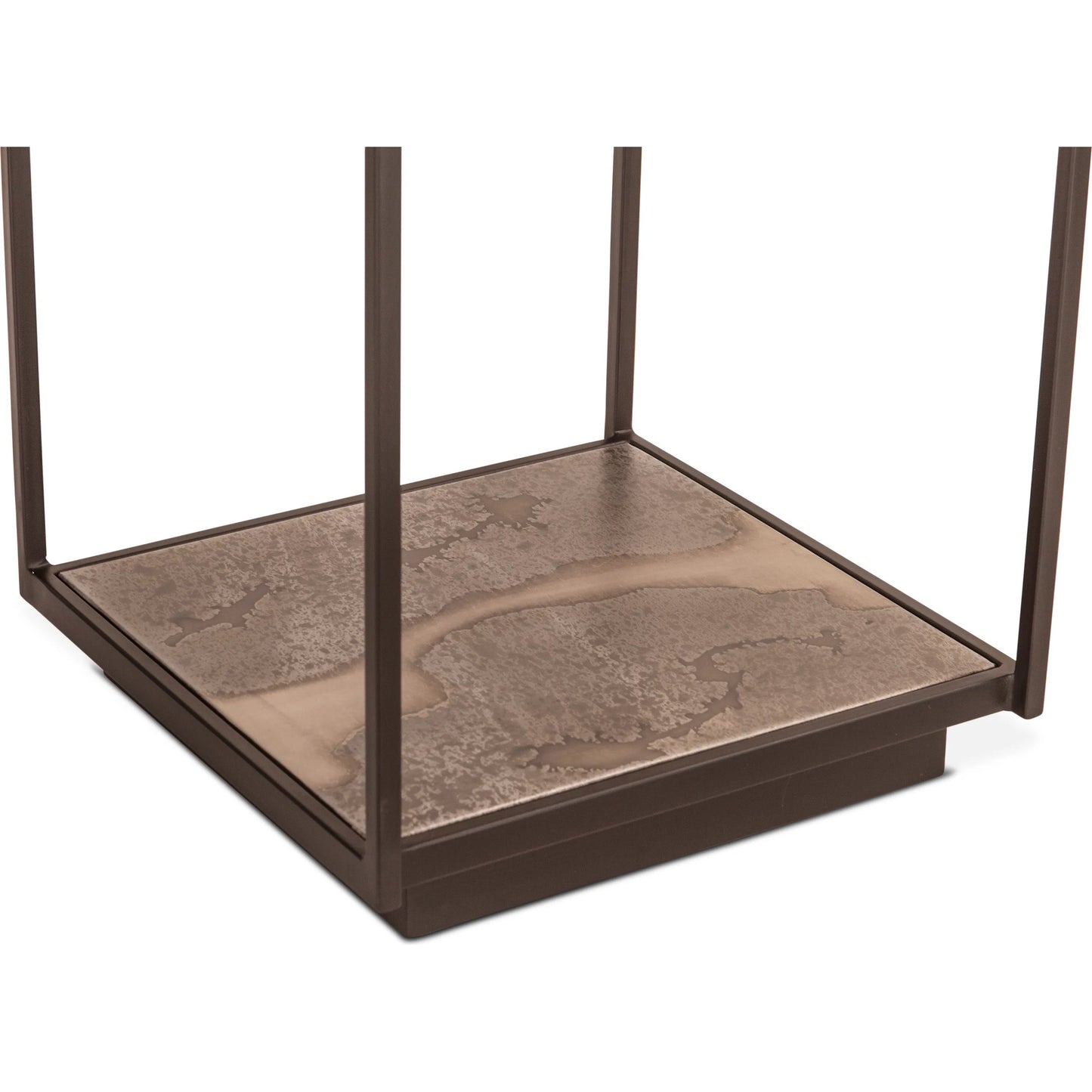 005 SI-2243071 | Closeup | St. George 18" Side Table by World Interiors in black and oxidized black. Made from reclaimed iron in a modern style.