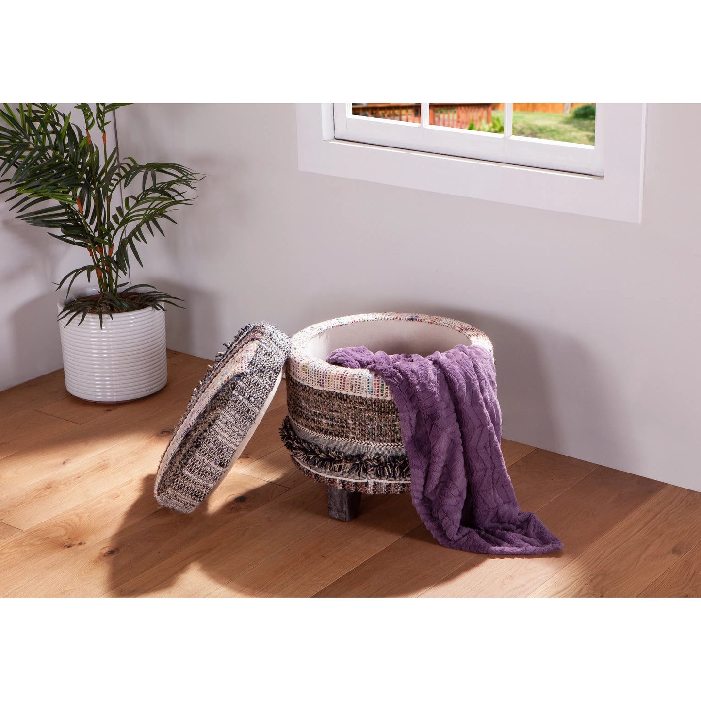 004 SI-1750321 | Lifestyle | Algiers Storage Stool by World Interiors in multi-color and distressed. Made from mdf, viscose, cotton blend fabric, pu foam in a eclectic & global style.