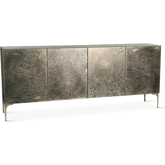 Odessa 83" Four Door Buffet by World Interiors in brass and patina. Made from iron in a modern style.