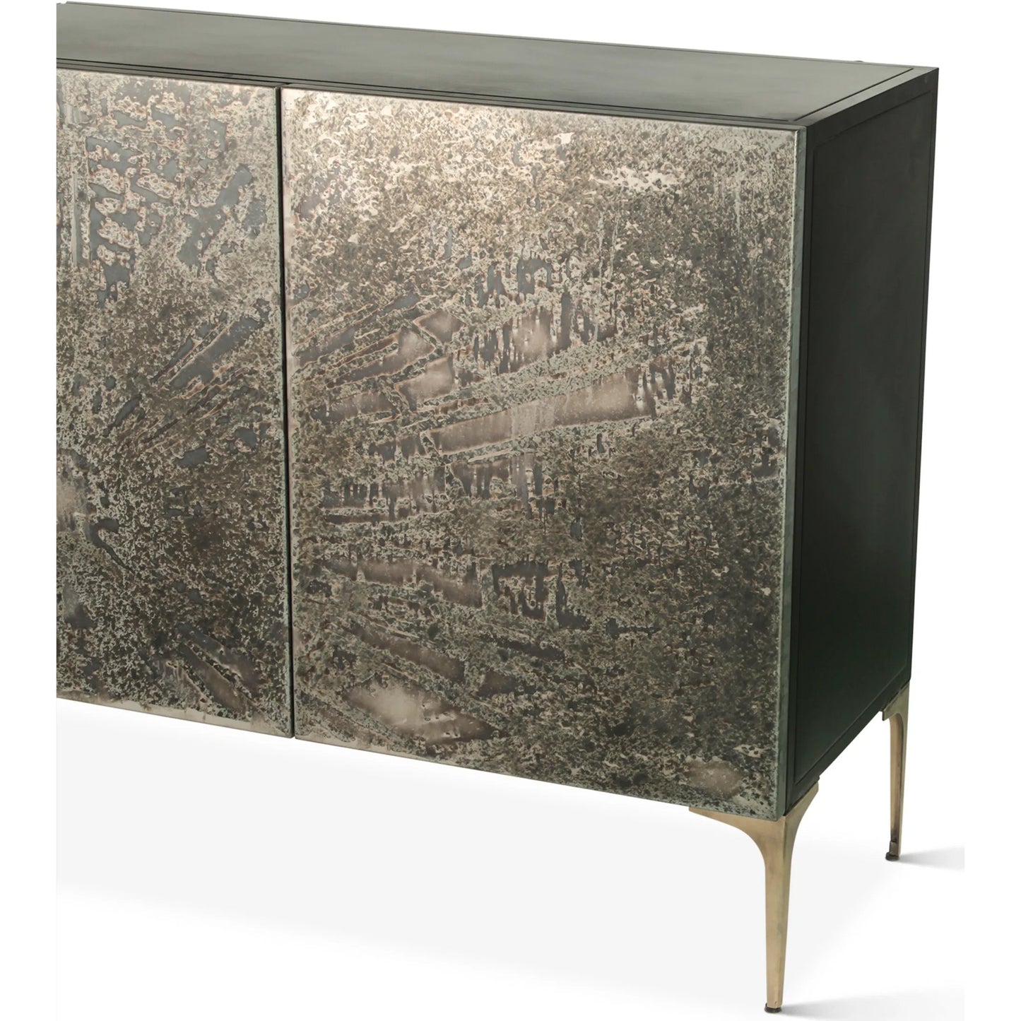 006 SI-2243001 | Closeup | Odessa 83" Four Door Buffet by World Interiors in brass and patina. Made from iron in a modern style.