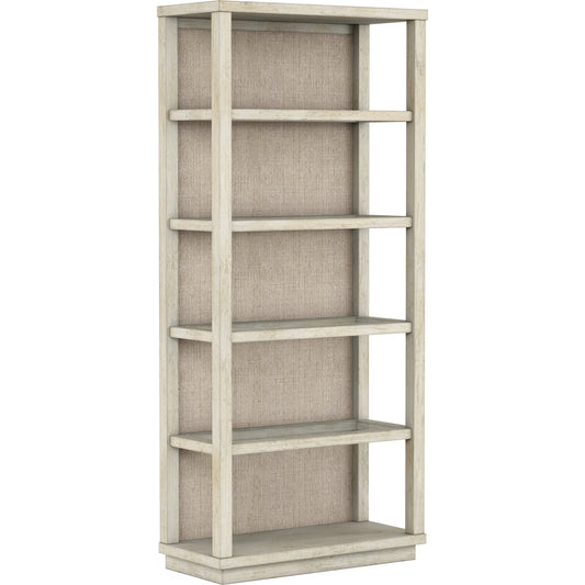 Cotiere Etagere by A.R.T. Furniture in beige and linen. Made from parawood solids, mixed split cathedral and quarter-white oak veneers, fabric, glass in a modern style.
