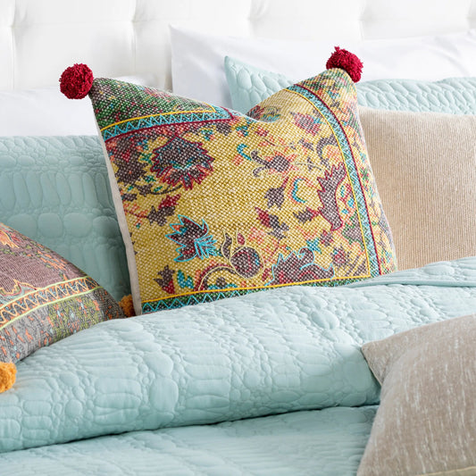 Francesca Pillow - 25710 by Surya in burgundy, light olive, dark brown, sky blue, light green, red. Made from 100% cotton in a eclectic & global style.