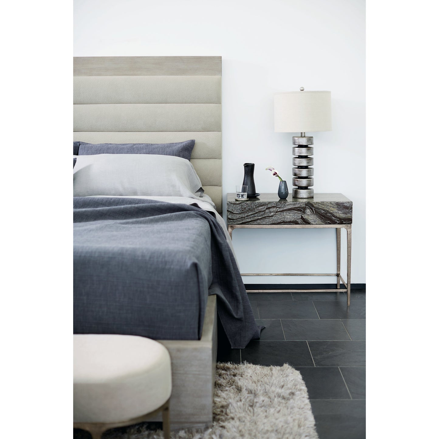 007 SI-1711418,SI-1711419 | Lifestyle | Linea Upholstered Channel Bed by Bernhardt in cerused greige. Made from white oak veneers, fabric in a unique style.