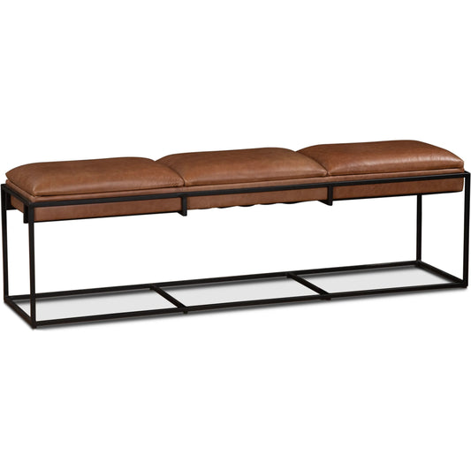 Melbourne 62" Bench by World Interiors in brown and brown, black. Made from reclaimed iron top, top grain leather in a traditional style.