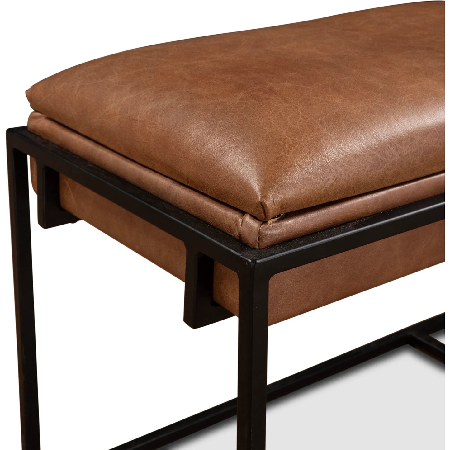 006 SI-2242954 | Closeup | Melbourne 62" Bench by World Interiors in brown and brown, black. Made from reclaimed iron top, top grain leather in a traditional style.