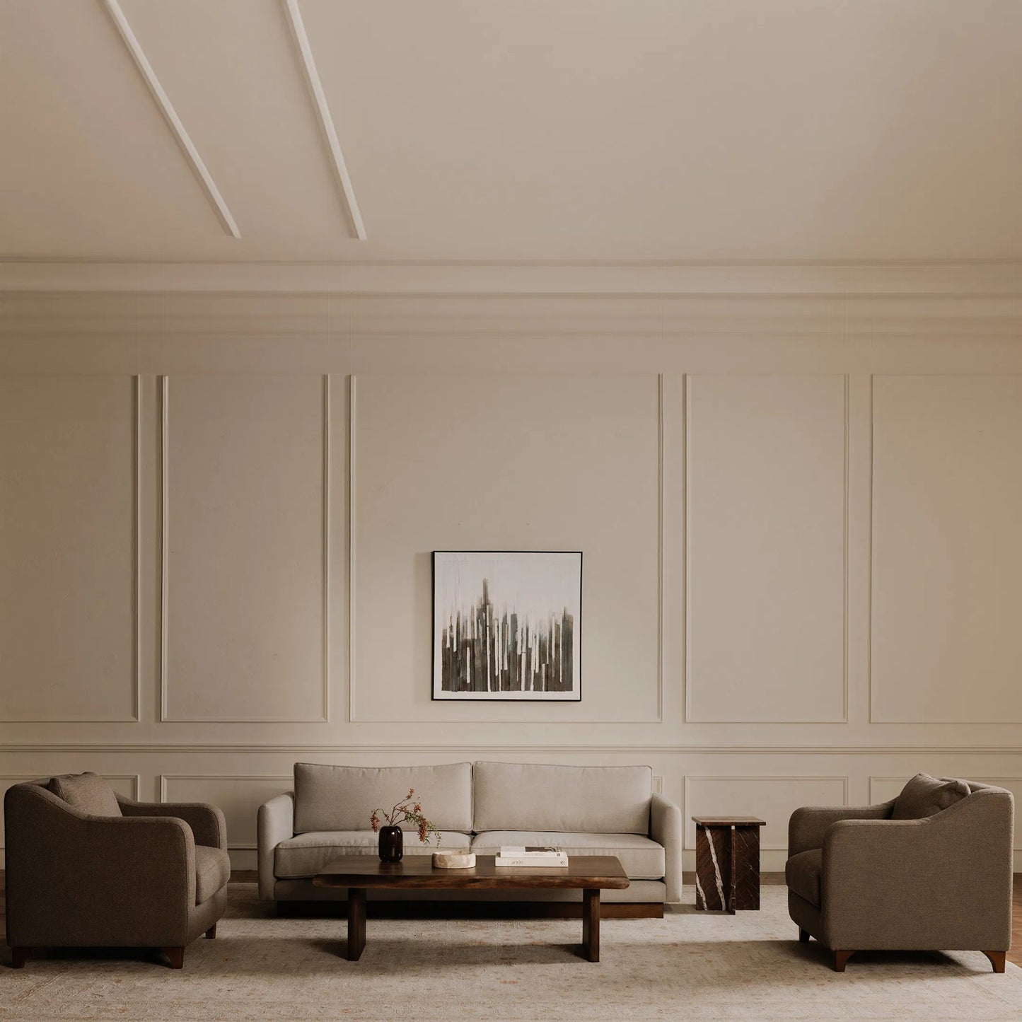 019 SI-2368416 | Lifestyle | Vernon Sofa by Moe's Home Collection. Made from upholstery: 100% polyester, walnut tone veneer base, solid beech, plywood frame, foam, fiber seat in a unique style.