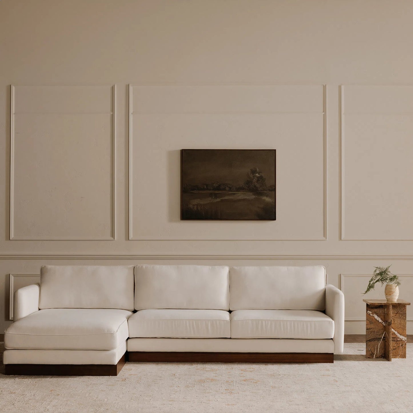 007 SI-2368409 | Lifestyle | Vernon Sectional by Moe's Home Collection in white. Made from upholstery: 100% polyester, walnut tone veneer base, solid beech, plywood frame, foam, fiber seat in a transitional style.