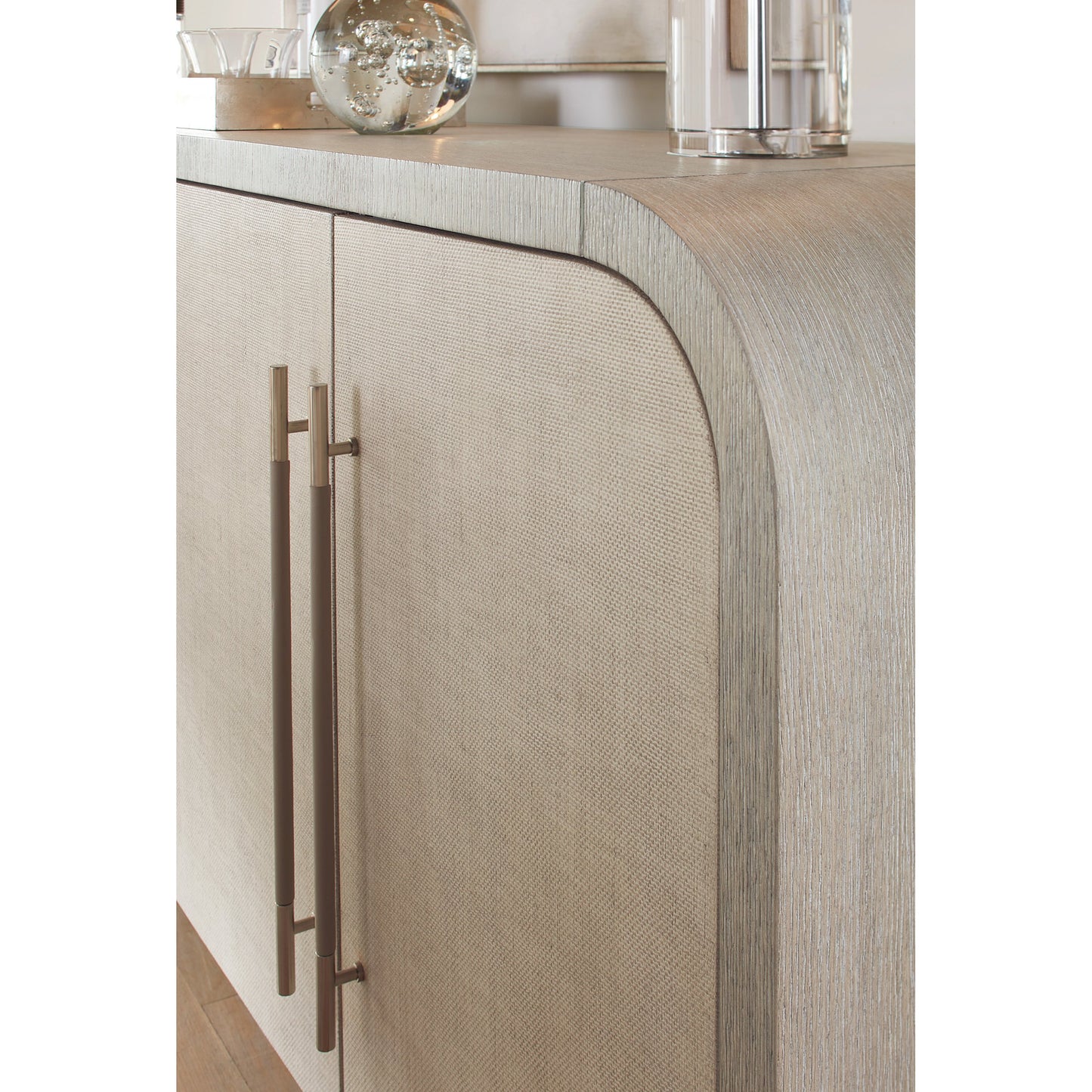 009 SI-2133639 | Closeup | Modern Mood Buffet by Hooker Furniture. Made from oak veneers, raffia in a modern style.