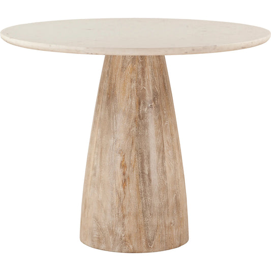 Palm Desert Natural White Marble Dining Table with Modern Washed Wood Base by World Interiors in white and white wash. Made from marble and mango wood in a transitional style.