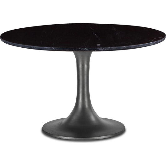 Palm Desert Natural Black Marble Dining Table with Brushed Steel Tulip Base by World Interiors in black and gunmetal. Made from marble and iron in a modern style.