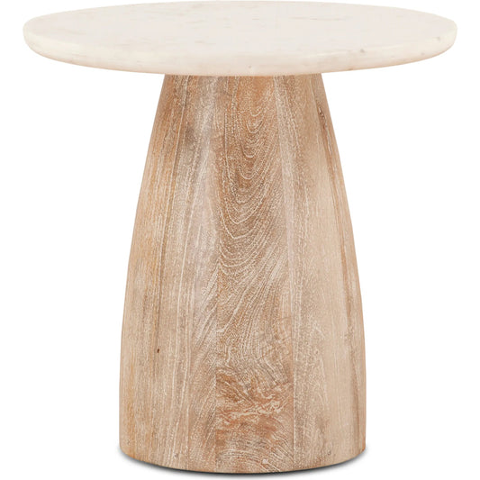 Palm Desert Round Side Table by World Interiors in white and white wash. Made from mango wood, marble in a transitional style.