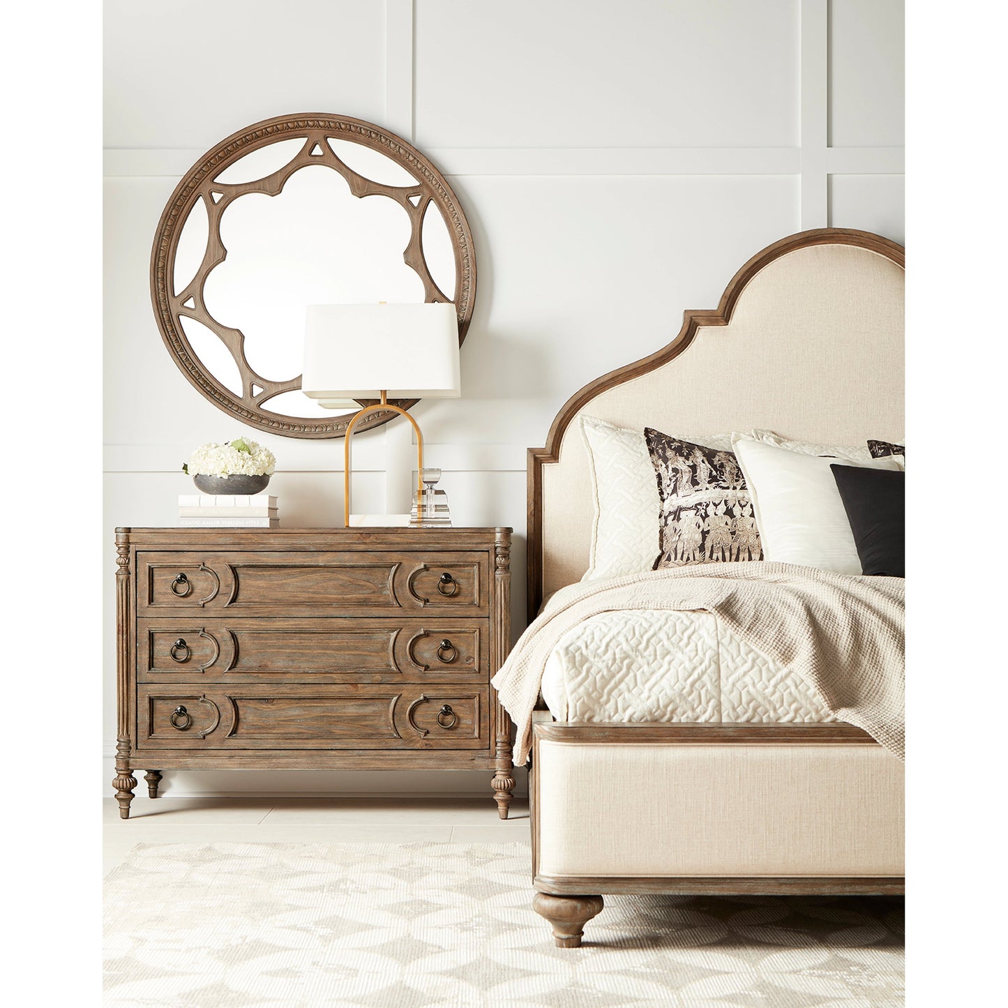 004 SI-2064917 | Lifestyle | Architrave Upholstered Panel Bed by A.R.T. Furniture in almond. Made from pine solids and veneer, foam, fabric in a traditional style.