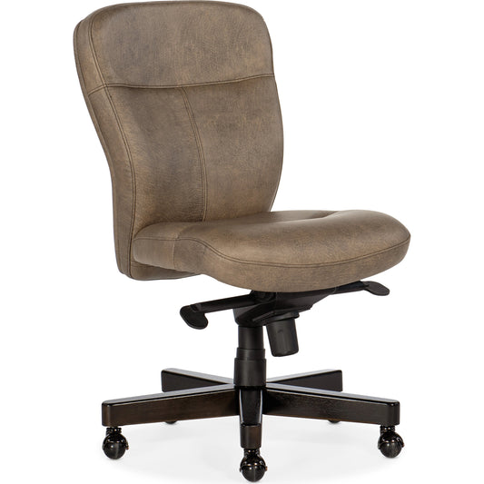 Sasha Executive Swivel Tilt Chair by Hooker Furniture in big top dark taupe and dark wood. Made from leather (semi-aniline top grain) in a transitional style.