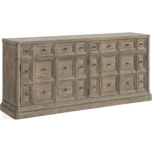 Reforma Credenza by A.R.T. Furniture in tapenade, gunmetal. Made from parawood solids, random match flaky oak veneers, metal in a traditional style.