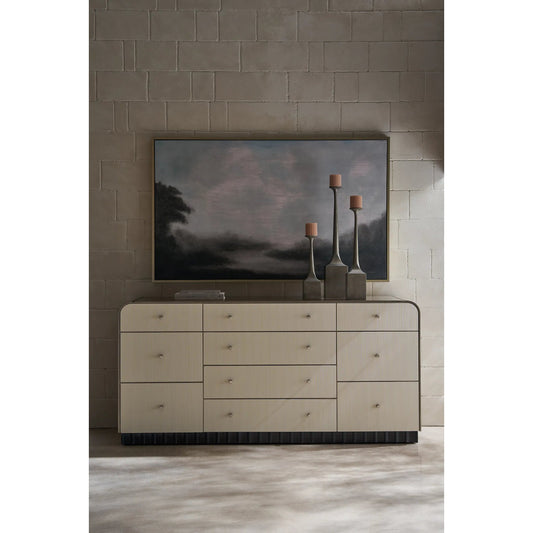 Circadian Dresser by Caracole in dark chocolate, gold and ivory, brushed whisper of gold paint, dark chocolate. Made from poplar in a modern style.