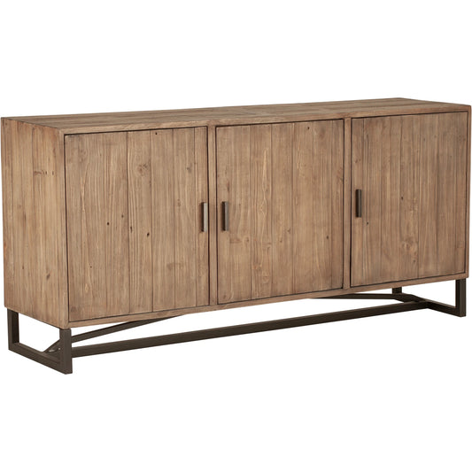 Sierra Sideboard Natural by Moe's Home Collection in sierra and semi-gloss lacquer, water-based stain. Made from new pine frame with reclaimed pine face boards, stainless steel base in a modern style.