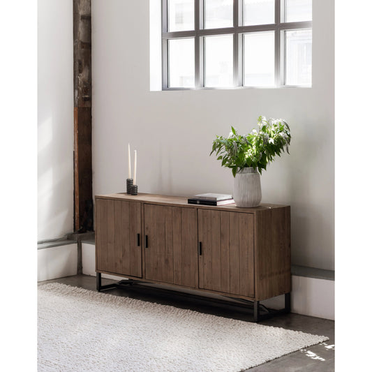 Sierra Sideboard Natural by Moe's Home Collection in sierra and semi-gloss lacquer, water-based stain. Made from new pine frame with reclaimed pine face boards, stainless steel base in a modern style.