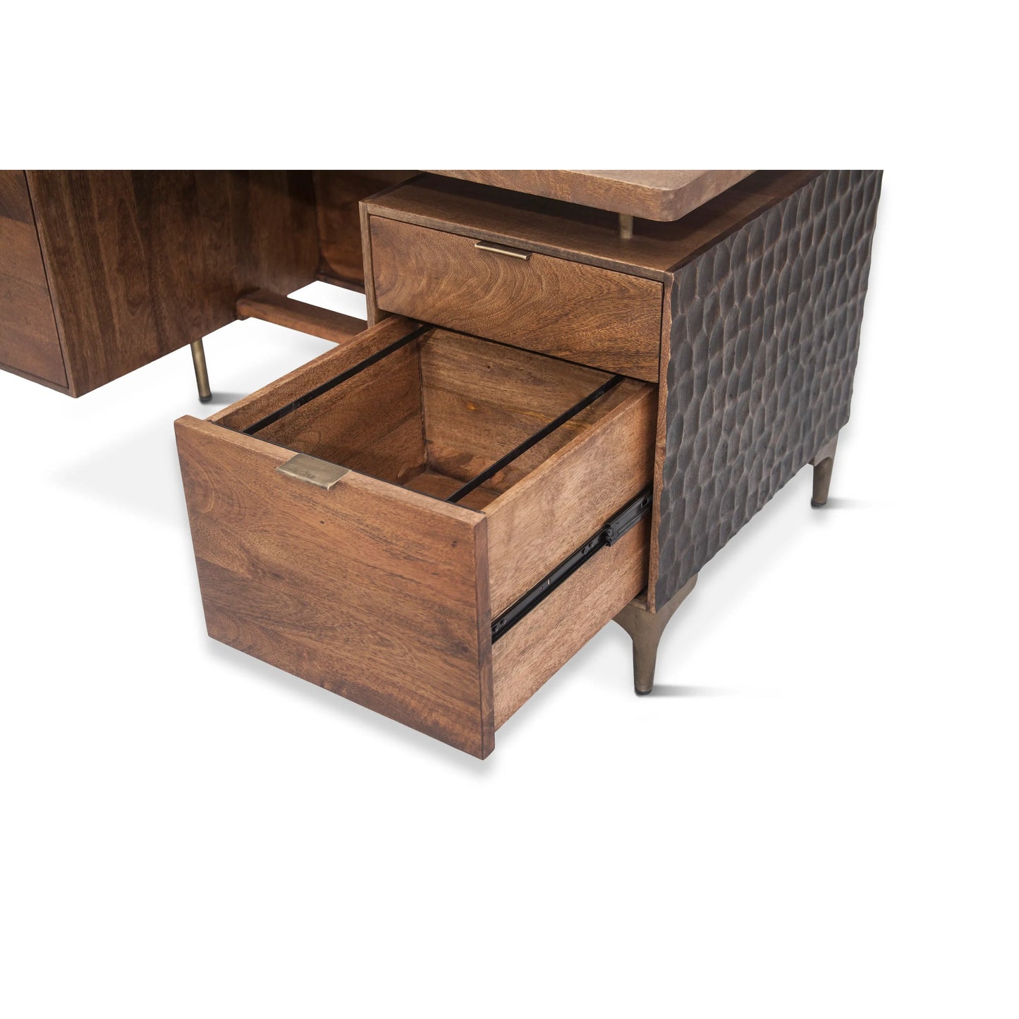 009 SR-877173 | Closeup | Vallarta Desk by World Interiors in brown and two tone, bronze. Made from mango wood, cast aluminum in a modern style.