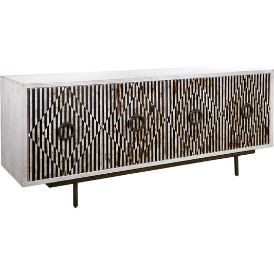 Alexandria 72" Sideboard by World Interiors in black, white and whitewash. Made from bone, horn, mango wood, metal in a eclectic & global style.