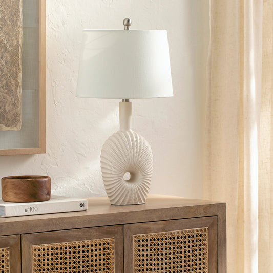 Fatima - 492695 by Surya in white, translucent, metallic nickel and painted resin. Made from body: resin, shade (outside): linen, shade (inside): polyester, finial: metal in a modern style.