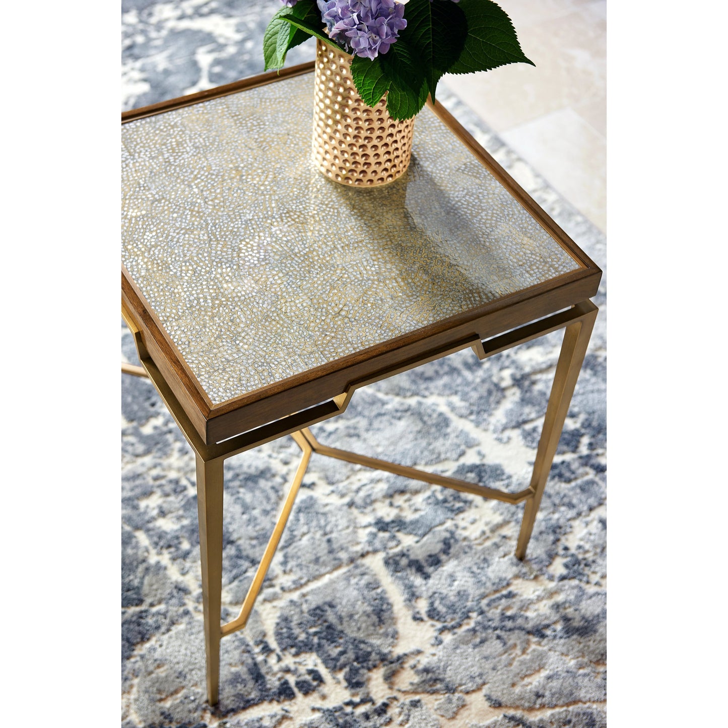 008 SI-1991098 | Lifestyle | Toulouse Eggshell End Table by Jonathan Charles in plateado eggshell. Made from walnut quarter figured veneer in a modern style.