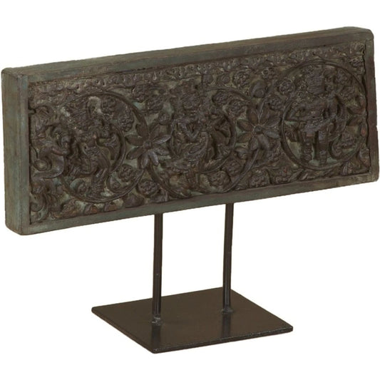 001 SI-2445222 | Primary Silo | Curio 15" Carved Wood Panel on Iron Stand by World Interiors in brown. Made from reclaimed wood, reclaimed iron in a traditional style.