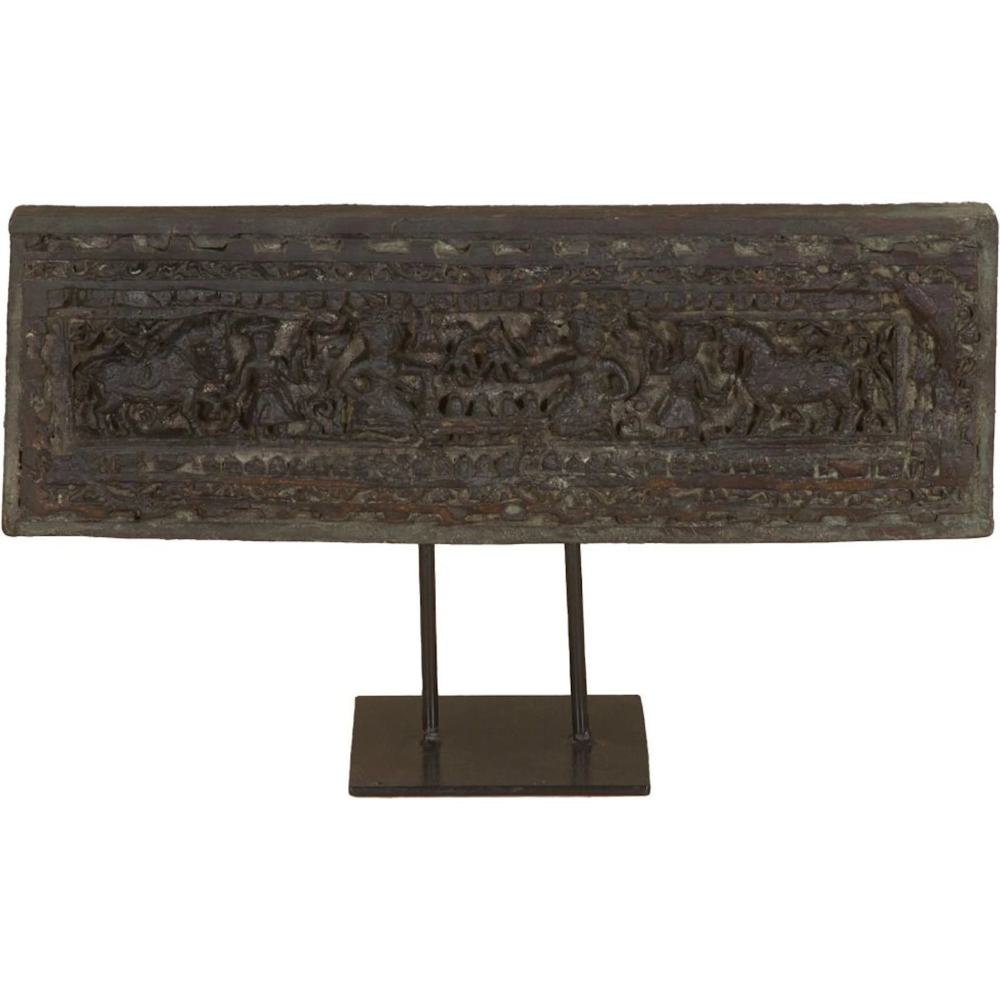 002 SI-2445223 | Additional Silo | Curio 20" Carved Wood Panel on Iron Stand by World Interiors in brown. Made from reclaimed wood, reclaimed iron in a traditional style.