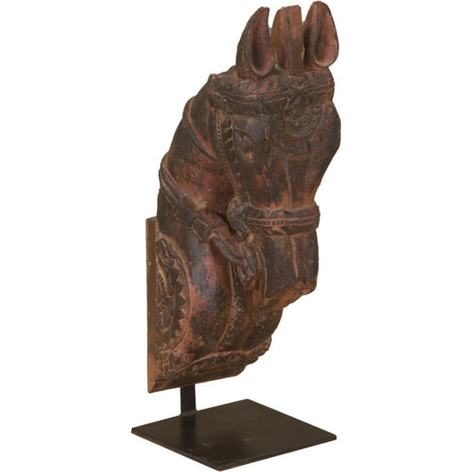 Curio Wooden Horse Head on Iron Stand by World Interiors in brown. Made from reclaimed wood, reclaimed iron in a traditional style.