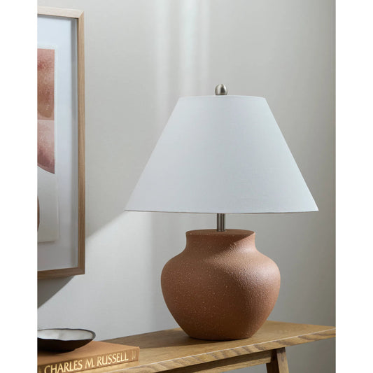 Festus Accent Table Lamp by Livabliss in brick and hand finished. Made from ceramic, linen, iron in a modern style.