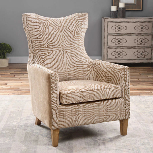 Kiango Animal Pattern Armchair by Uttermost. Made from wood, plywood, fabric, foam, metal in a cottage & farmhouse style.