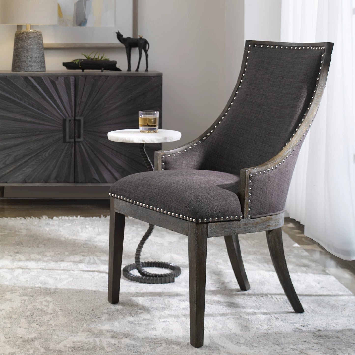 007 S-252859 | Lifestyle | Aidrian Accent Chair by Uttermost in gray. Made from bent wood, solid wood, plywood, fabric, foam in a cottage & farmhouse style.