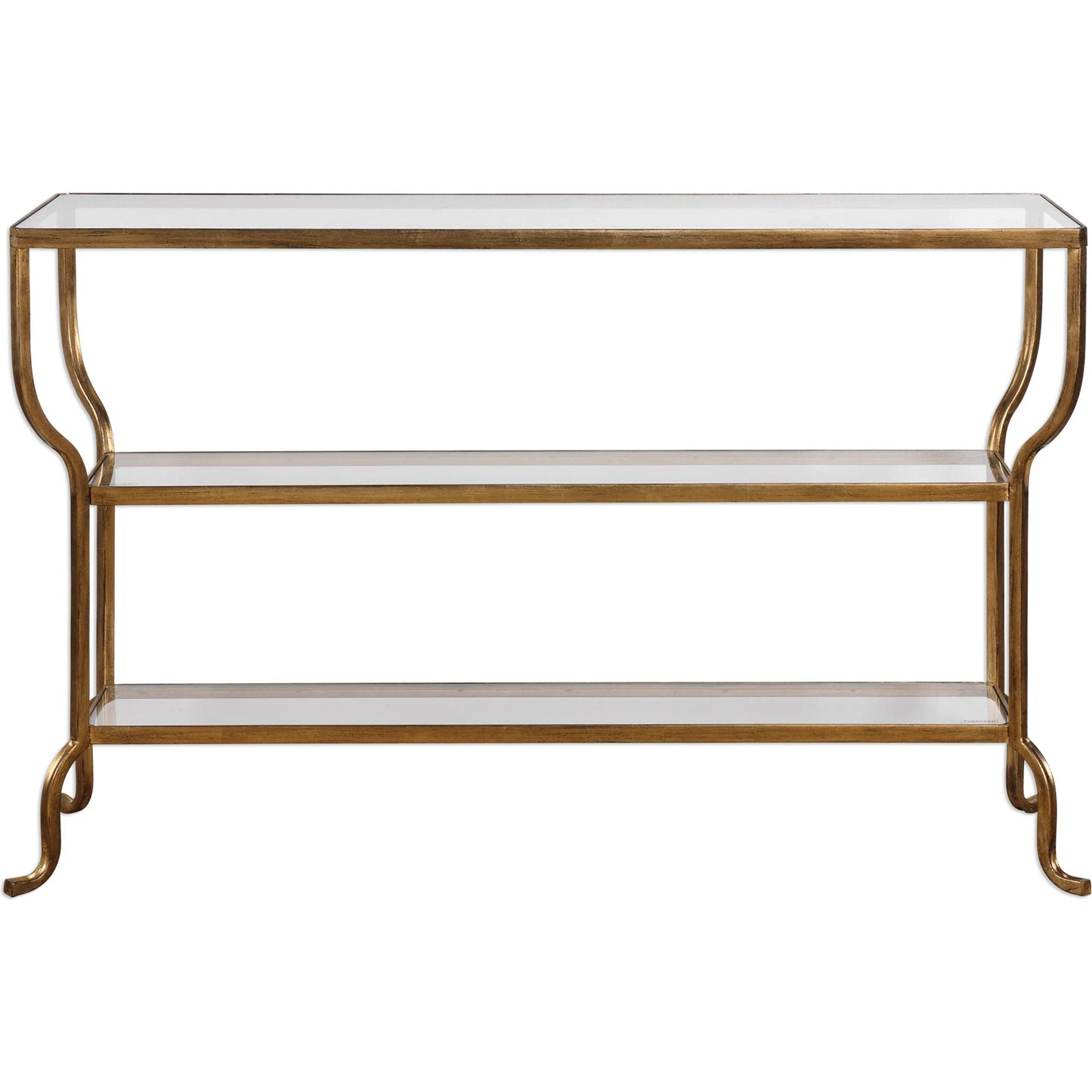 001 S-253090 | Primary Silo | Deline Console Table by Uttermost in gold. Made from iron, glass in a modern style.