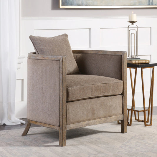 Viaggio Accent Chair by Uttermost in gray. Made from solid wood, plywood, fabric, foam in a cottage & farmhouse style.