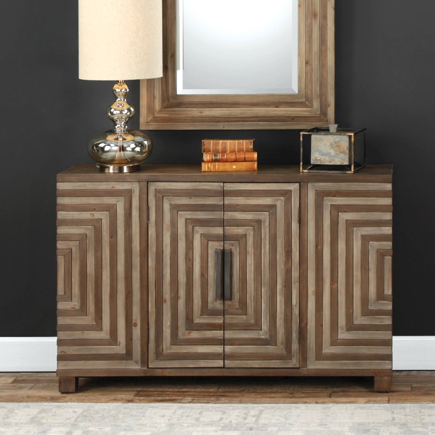 004 S-253144 | Lifestyle | Layton Geometric Console Cabinet by Uttermost. Made from mdf, fir veneer, iron in a cottage & farmhouse style.