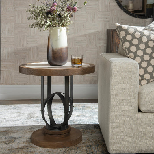 Sydney Light Oak Accent Table by Uttermost. Made from mahogany wood with metal iron, stone in a rustic style.