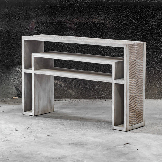 Genara Bone White Carved Console Table by Uttermost in white. Made from mahogany wood in a modern style.