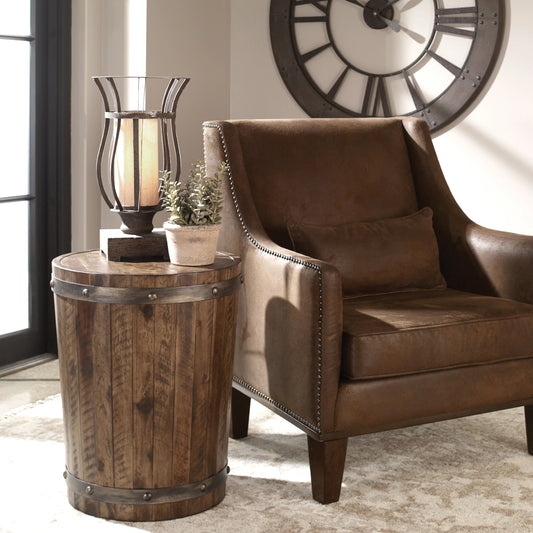 Ceylon Wine Barrel Accent Table by Uttermost. Made from acacia, metal in a rustic style.