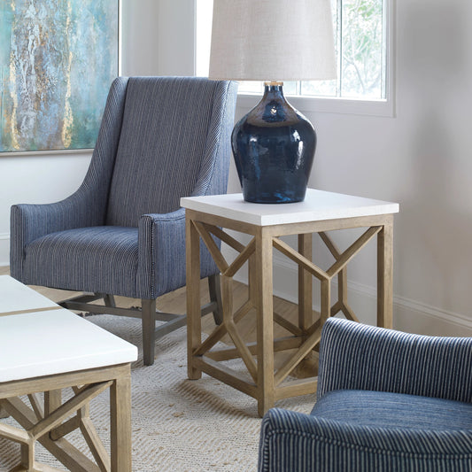 Catali Stone End Table by Uttermost. Made from javawood with plywood carb phase 2, limestone in a transitional style.