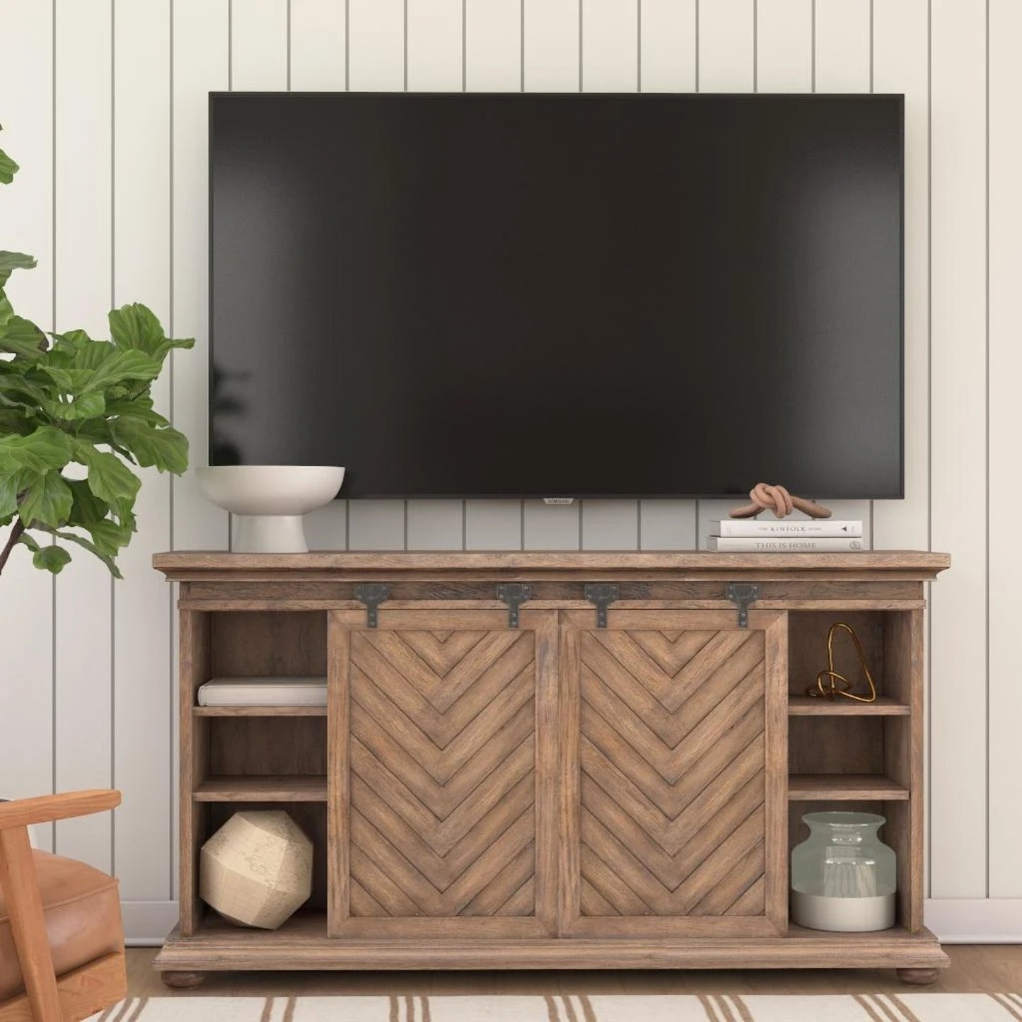 014 SR-766761 | Lifestyle | Primalia Barn Door Media Console by Uttermost. Made from mdf carb phase 2 with javawood, mdf in a rustic style.