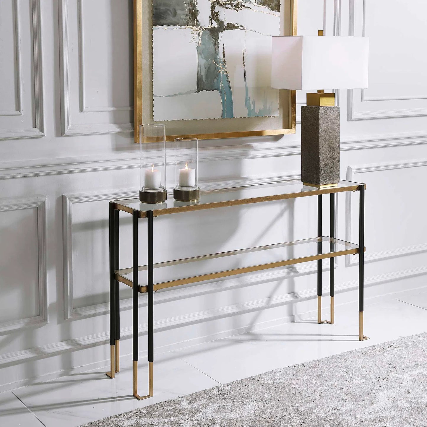006 SR-824191 | Closeup | Kentmore Modern Console Table by Uttermost in matte black, brushed gold. Made from iron, glass in a transitional style.