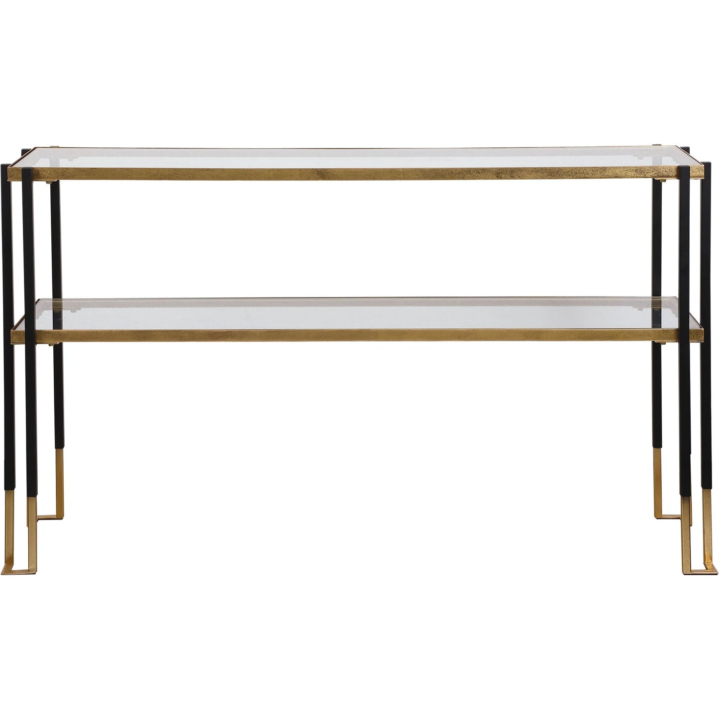 001 SR-824191 | Primary Silo | Kentmore Modern Console Table by Uttermost in matte black, brushed gold. Made from iron, glass in a transitional style.