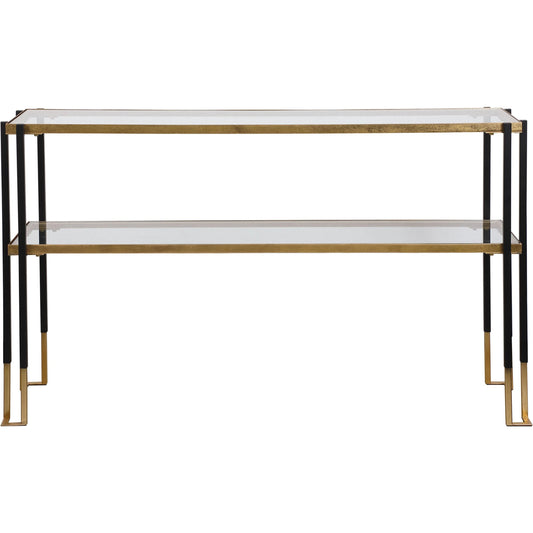 001 SR-824191 | Primary Silo | Kentmore Modern Console Table by Uttermost in matte black, brushed gold. Made from iron, glass in a transitional style.