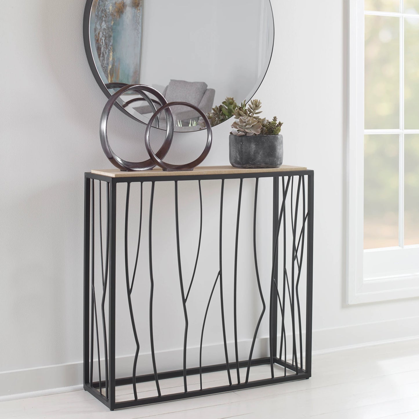 004 SR-824203 | Lifestyle | Reed Travertine Console Table by Uttermost. Made from metal, stone in a modern style.